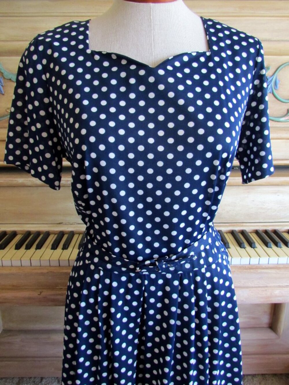 1950s DRESS & JACKET, L, NAVY POLKA DOT JERSEY VINTAGE 50s 2-PC OUTFIT, NICE!